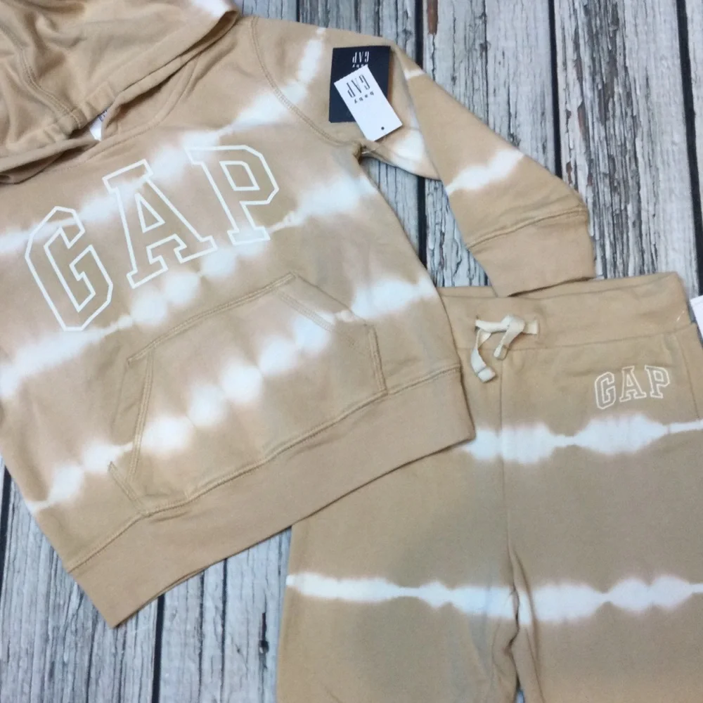 Gap Boys 3T 4T 5T Tan Brown & White Hoodie Sweatshirt & Sweatpants Outfit NWT - Picture 2 of 4